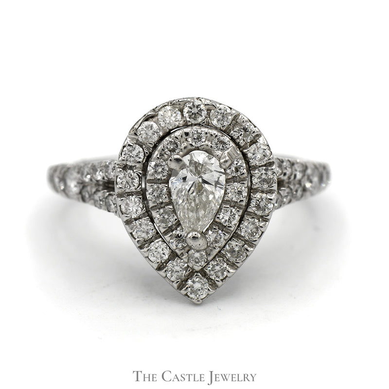 Pear Cut Diamond Engagement Ring with Double Diamond Halo and Accents in 14k White Gold
