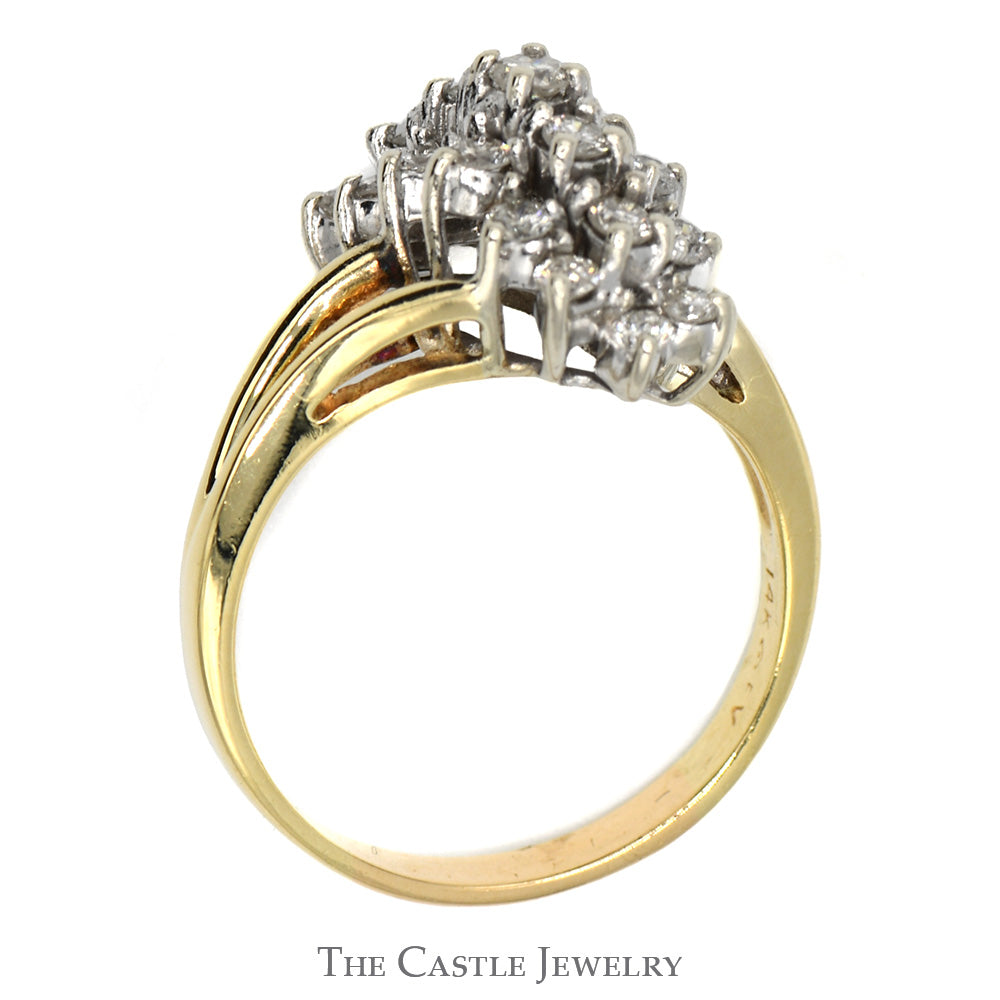 1cttw Diamond Diagonal Waterfall Cluster Ring in 14k Yellow Gold Curved Split Shank Setting