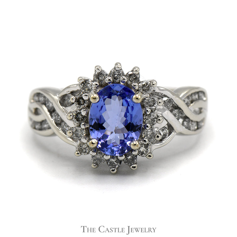 Oval Tanzanite Ring with 1/2cttw Diamond Halo and Accents in Crossover Designed 14k White Gold Setting