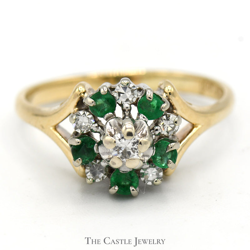 Round Shaped Emerald and Diamond Cluster Ring in 14k Yellow Gold