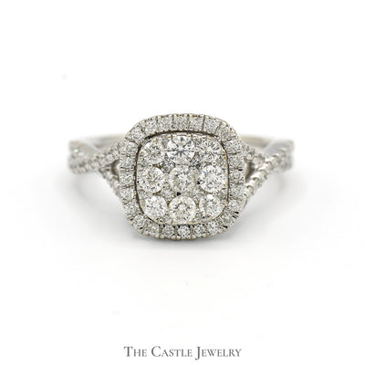 Square Shaped Diamond Cluster Ring with Diamond Halo and Accents in 14k White Gold