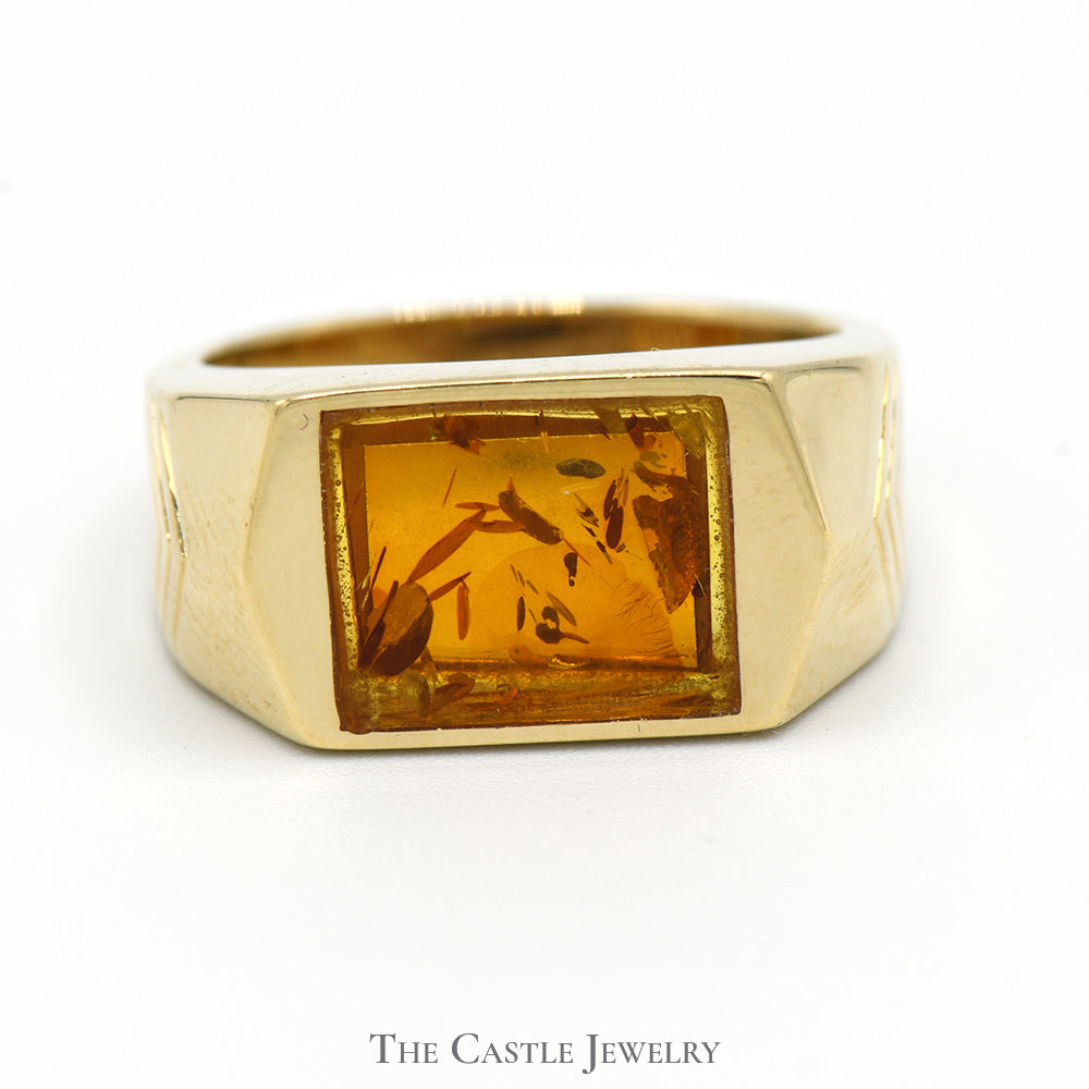 Men's Rectangular Amber Ring in Arrow Designed 14k Yellow Gold