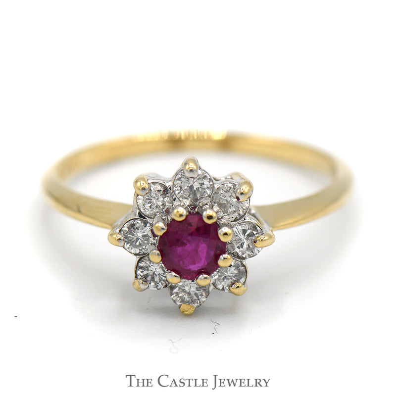 Round Ruby Ring with Diamond Halo in 10k Yellow Gold