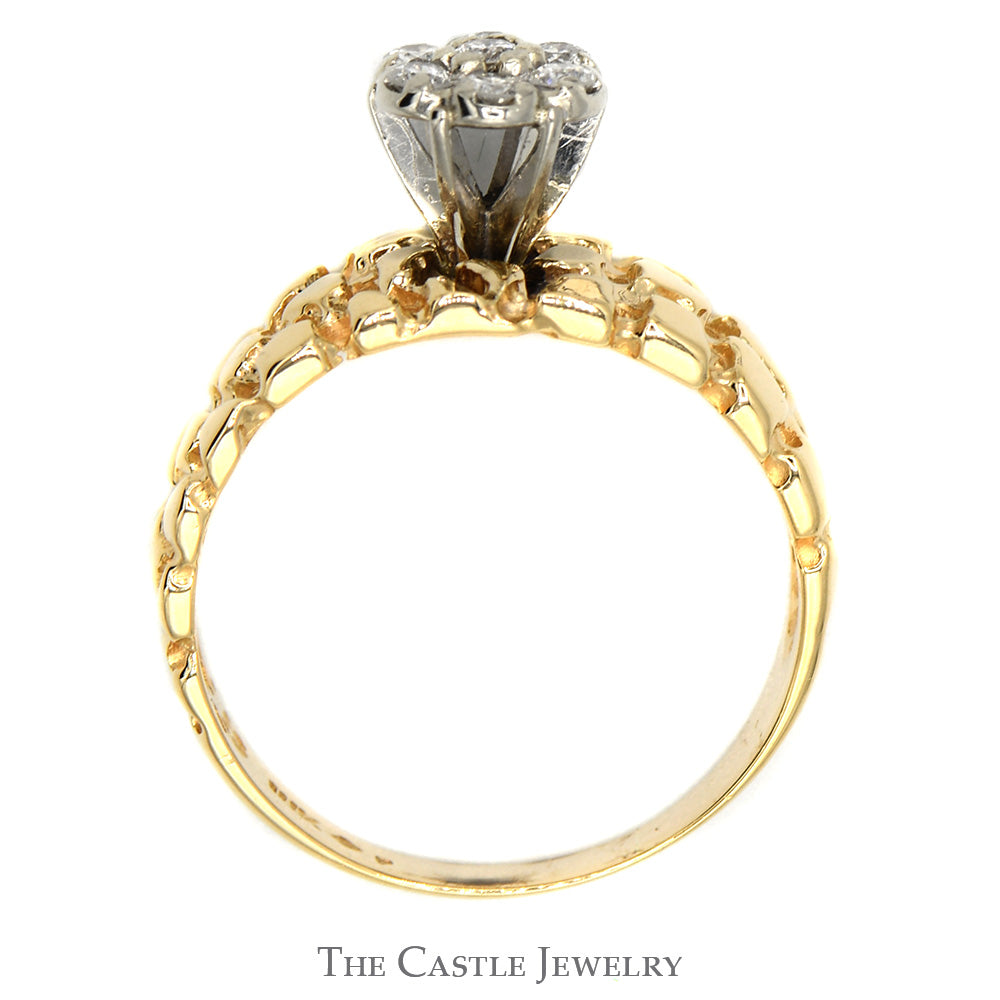 Diamond Cluster Ring with Nugget Designed Sides in 14k Yellow Gold