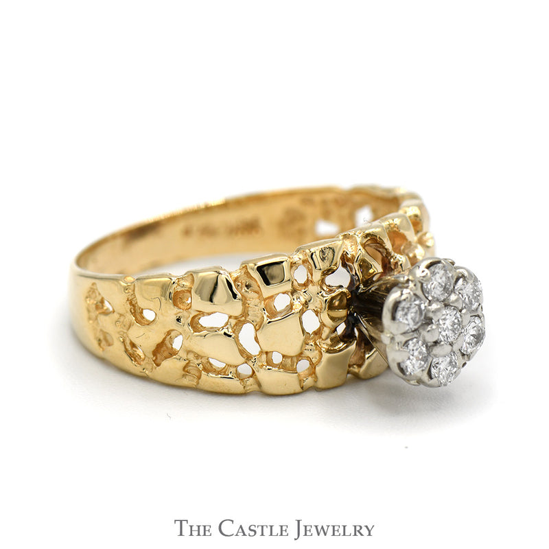 Diamond Cluster Ring with Nugget Designed Sides in 14k Yellow Gold