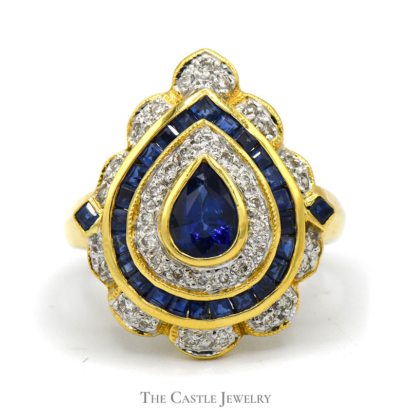 Pear Shaped Sapphire Ring with Diamond & Sapphire Halo in 18k Yellow Gold
