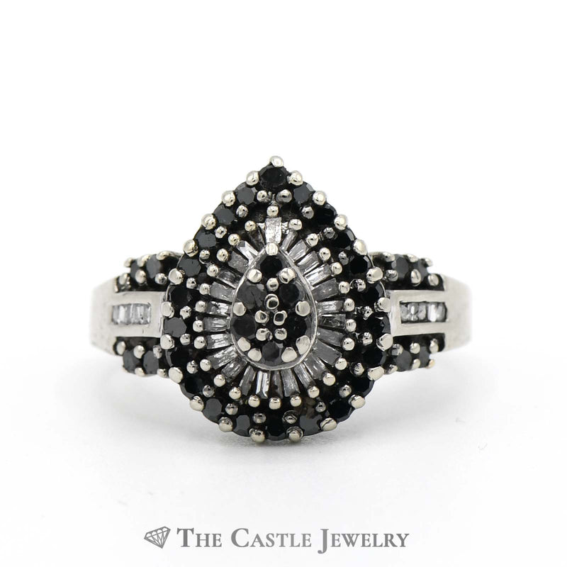 1cttw Black & White Diamond Pear Shaped Cluster Ring in 14k White Gold