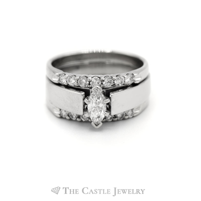 1cttw Marquise Diamond Soldered Bridal Set with Diamond Bands in 14k White Gold