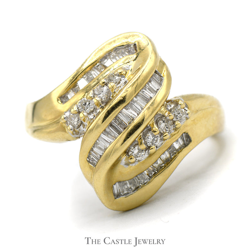 Channel Set Baguette and Round Diamond Swirled Ring in 14k Yellow Gold