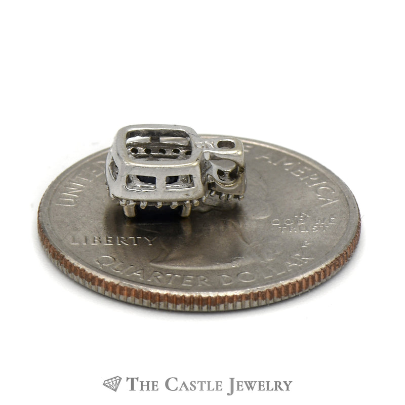 Round Sapphire Pendant with Diamond Halo and Bail in 10k White Gold