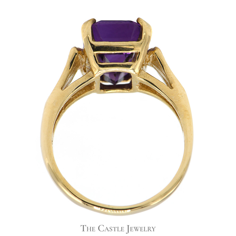 Emerald Cut Amethyst Ring with Fanned Sides in 14k Yellow Gold
