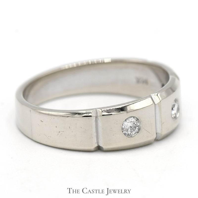 Flat Set Triple Diamond Band with Grooved Design in 14k White Gold