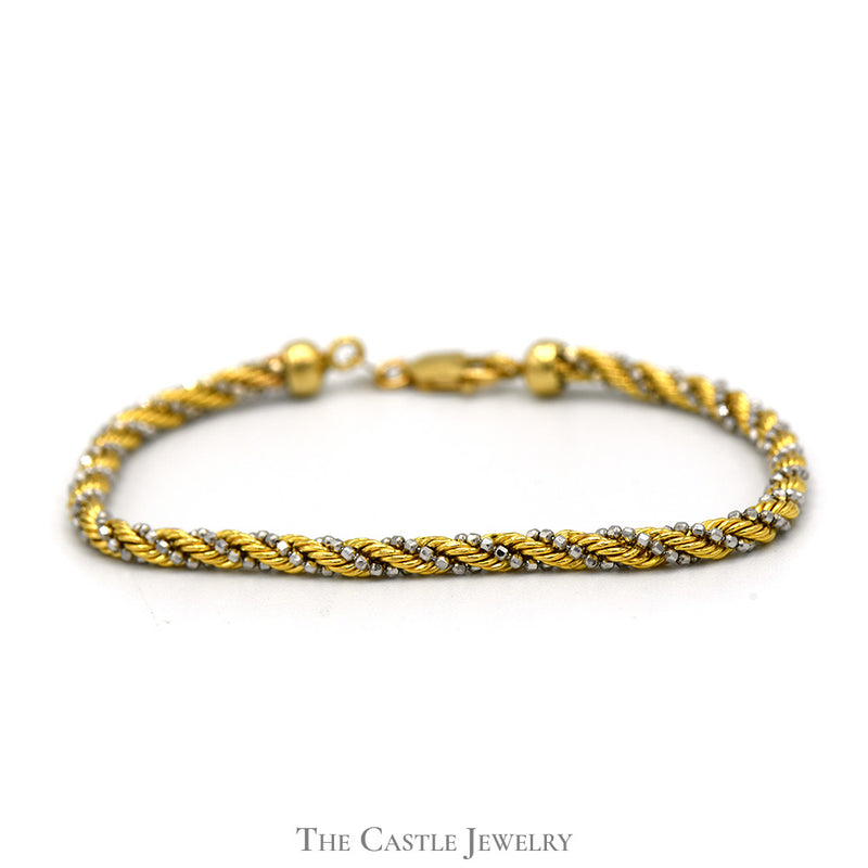 7 Inch Two Tone Intertwined Rope and Beaded Chain Bracelet in 14k Yellow and White Gold