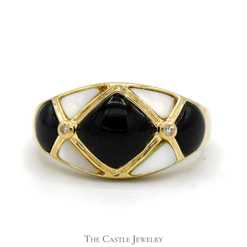 Mother of Pearl and Onyx Dome Ring with Diamond Accents in 14k Yellow Gold