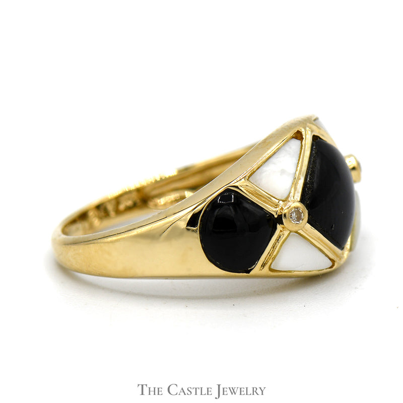 Mother of Pearl and Onyx Dome Ring with Diamond Accents in 14k Yellow Gold
