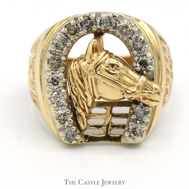 Horse Head in Diamond Horseshoe Equestrian Ring in 10k Yellow Gold