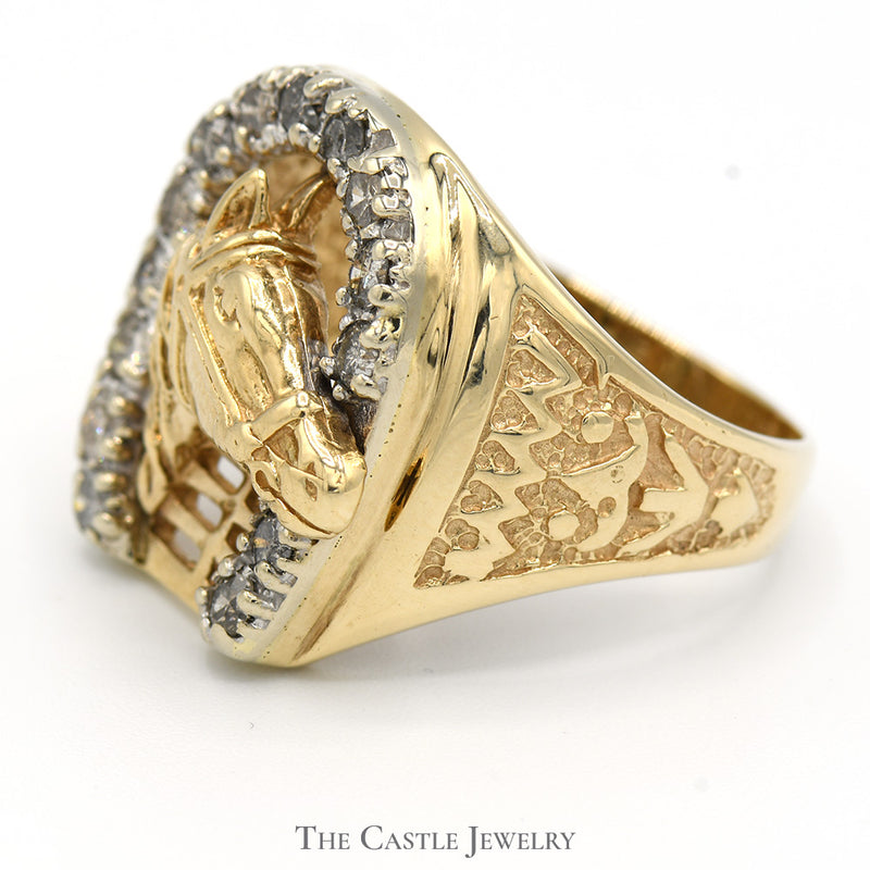 Horse Head in Diamond Horseshoe Equestrian Ring in 10k Yellow Gold