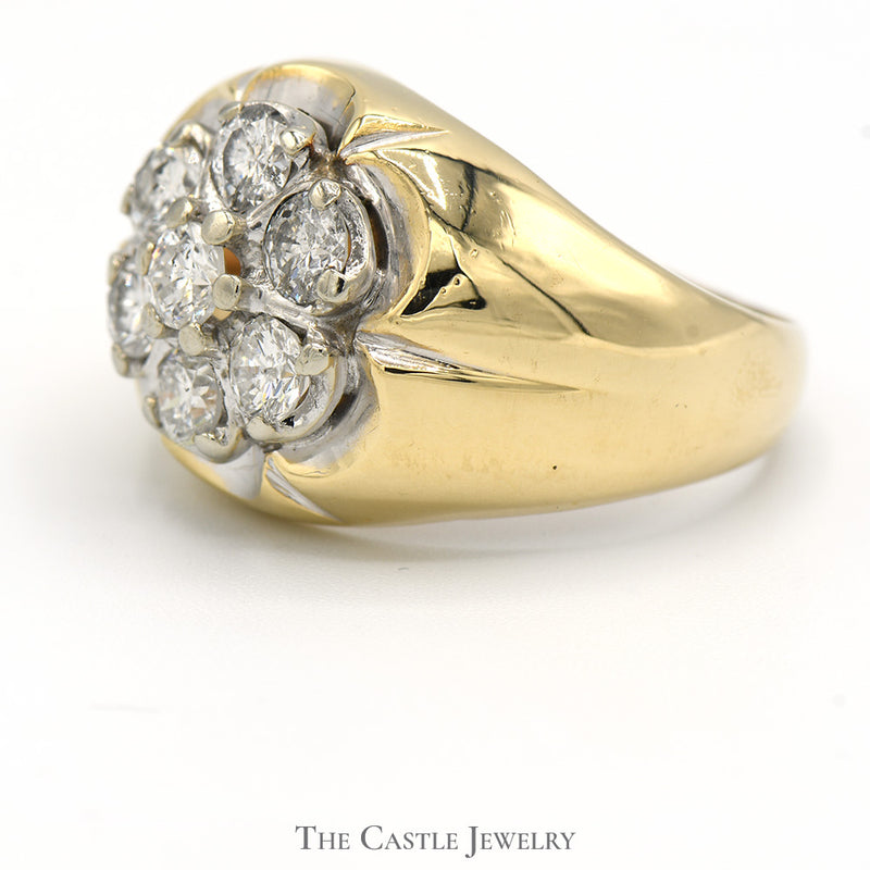 2cttw 7 Diamond Cluster Men's Ring in Scalloped 14k Yellow Gold Mounting