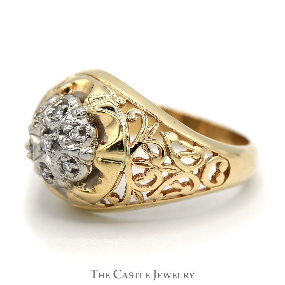 7 Diamond Kentucky Cluster Ring in 10k Yellow Gold Open Filigree Mount