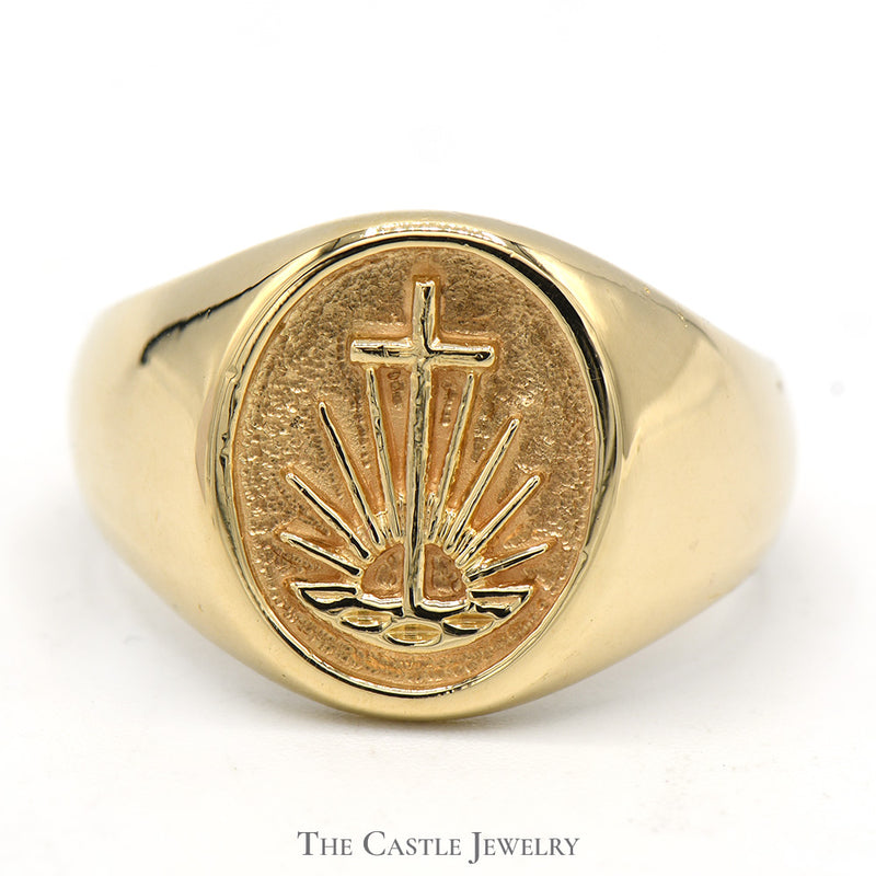 Oval Signet Ring with Cross in Front of Sunrise Design in 14k Yellow Gold