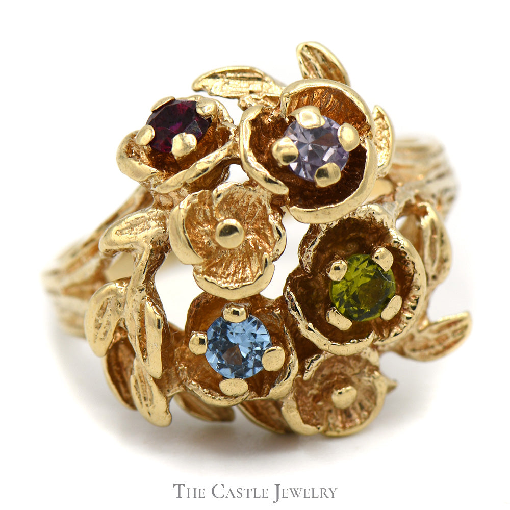 Multi Gemstone Cluster Ring with Floral Vine Design in 10k Yellow