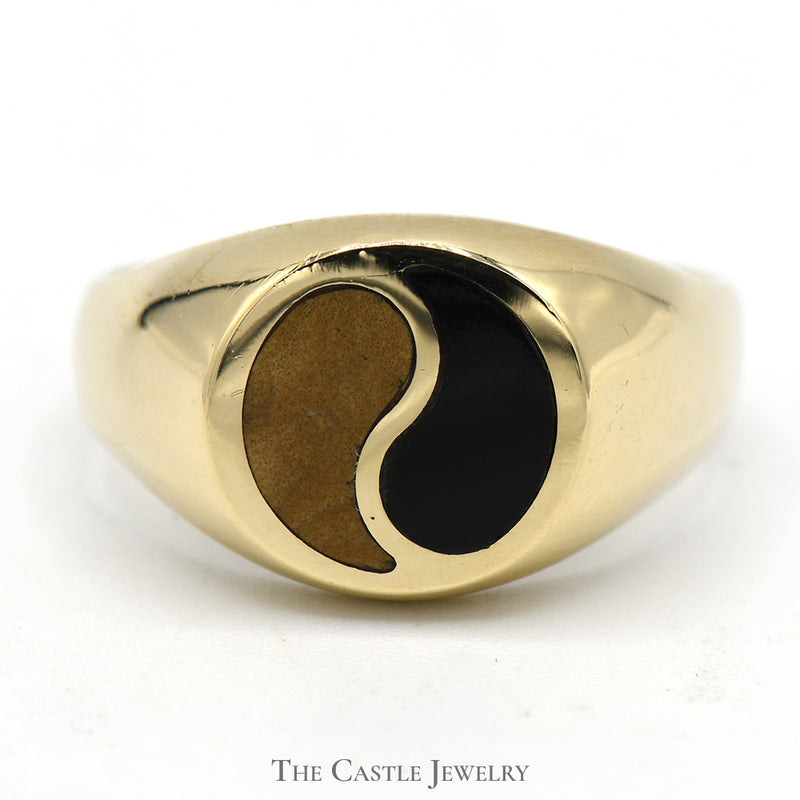 Tan and Black Enamel Yin Yang Ring in 14k Yellow Gold
