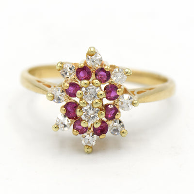 Ruby and Diamond Cluster Ring in 14k Yellow Gold Catherdral Mounting
