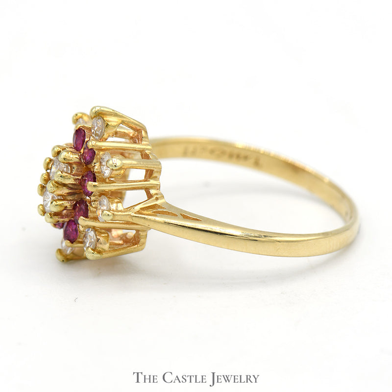 Ruby and Diamond Cluster Ring in 14k Yellow Gold Catherdral Mounting
