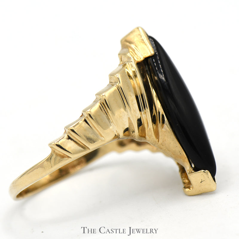 Marquise Shaped Black Onyx Ring with Ridged Bypass Sides in 10k Yellow Gold