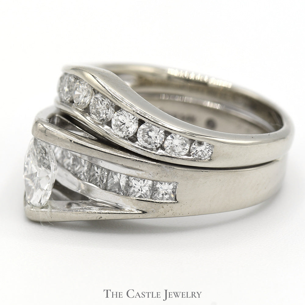 1.35cttw Marquise Cut Diamond Bridal Set with Accents and Matching Curved Band in 14k White Gold