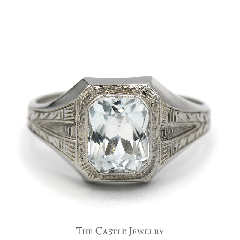 Bezel Set Radiant Cut Aquamarine Ring in 10k White Gold Antique Style Setting