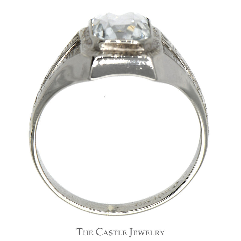 Bezel Set Radiant Cut Aquamarine Ring in 10k White Gold Antique Style Setting