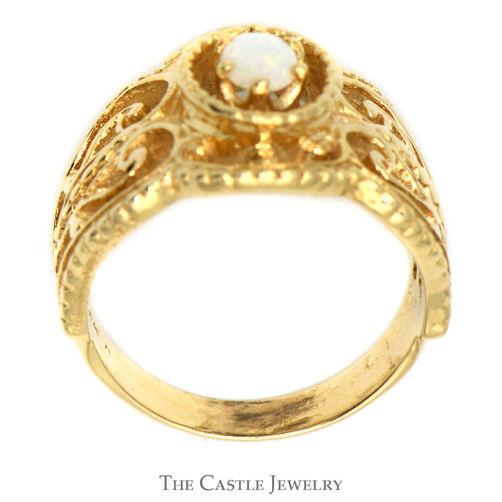 Oval Opal Ring with Open Beaded Scroll Design in 14k Yellow Gold