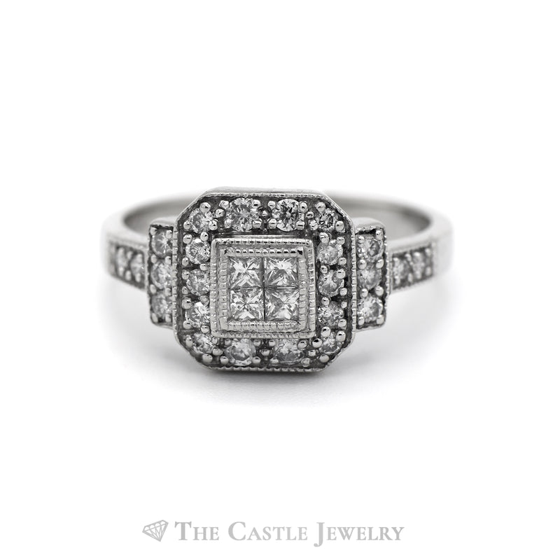 .75CTTW Princess Cut Diamonds with Round Cut Diamond Bezel in 14K White Gold