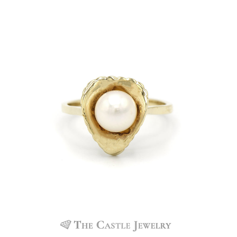 Round Pearl Ring in Leaf Designed 14k Yellow Gold Setting