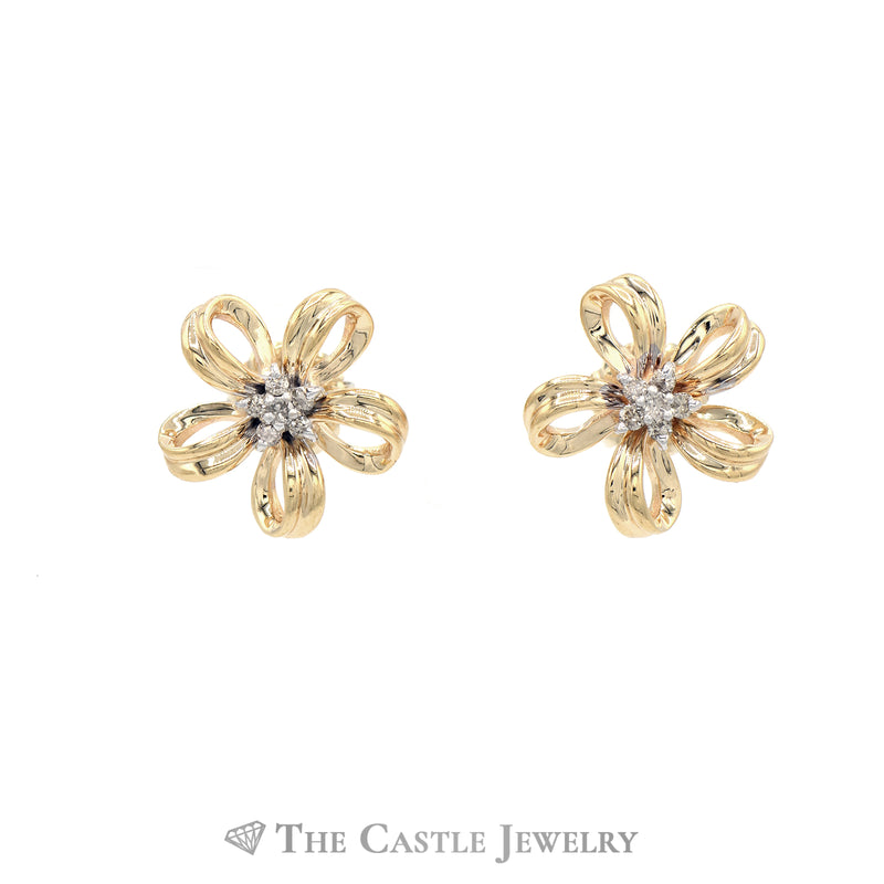 Flower Stud Earrings with Diamond Accents in 14KT Yellow Gold