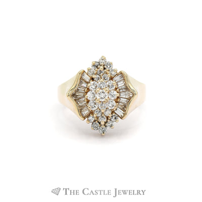 1CTTW Ornate Round and Baguette Cut Diamond Cluster Ring in 14KT Yellow Gold