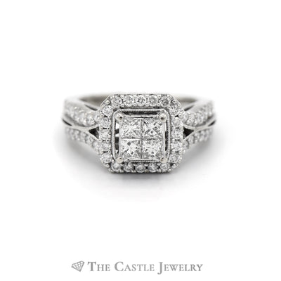 1CTTW Invis Set Bridal Ring with Round Diamond Center & Square Diamond Halo in 14KT White Gold