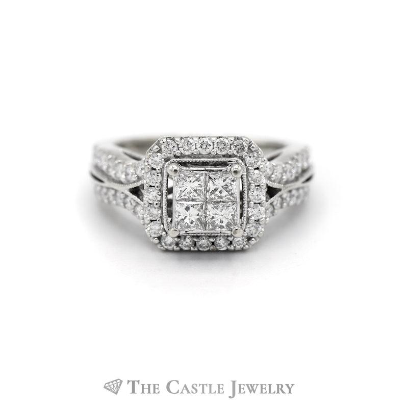 1CTTW Invis Set Bridal Ring with Round Diamond Center & Square Diamond Halo in 14KT White Gold