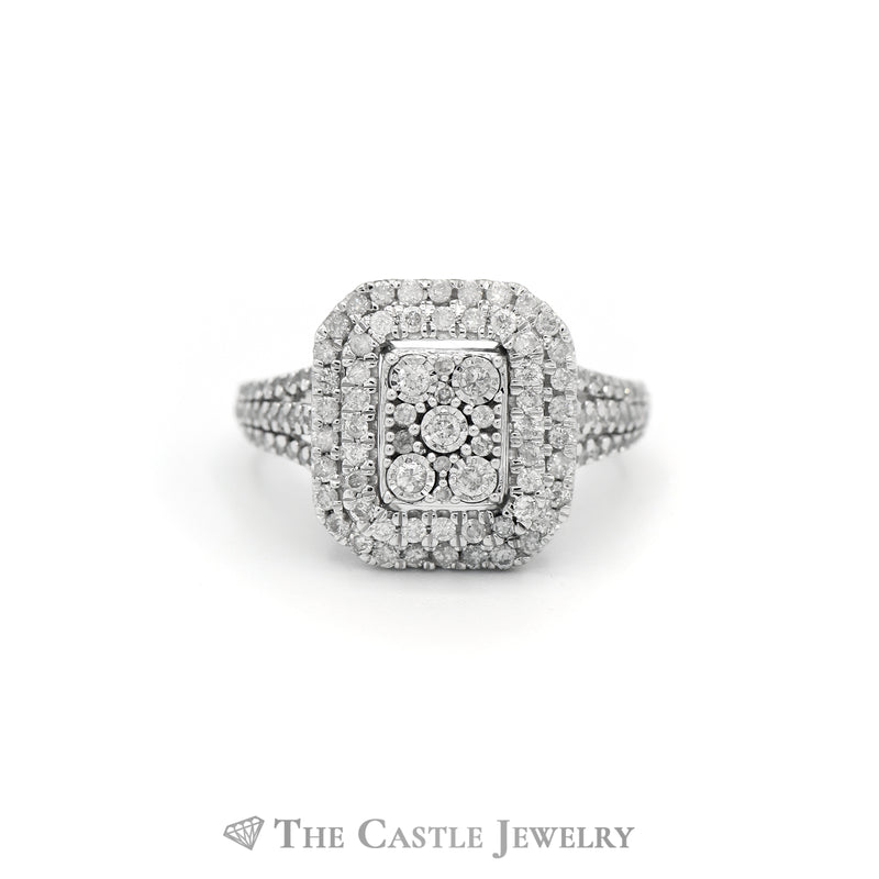 1cttw Diamond Cluster Ring with Double Halo & Accents in 10k White Gold