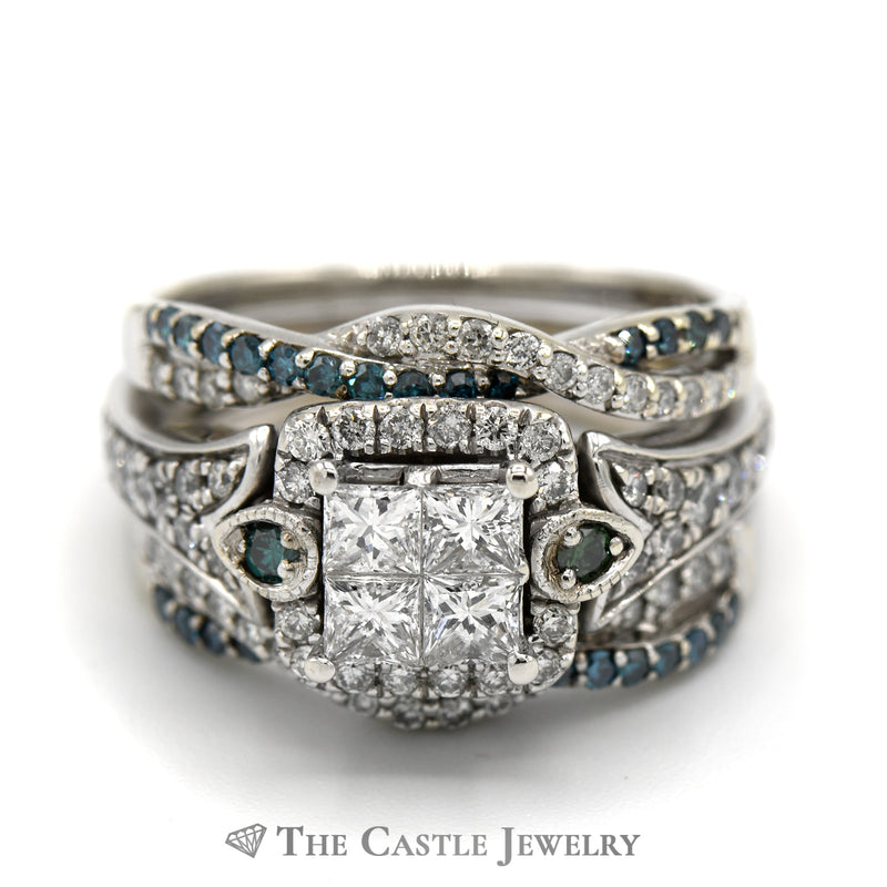 1.5cttw Princess Cut Invisible Set Diamond Cluster Soldered Bridal Set with Blue and White Diamond Accents in 14k White Gold