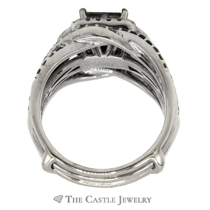 1.5cttw Princess Cut Invisible Set Diamond Cluster Soldered Bridal Set with Blue and White Diamond Accents in 14k White Gold