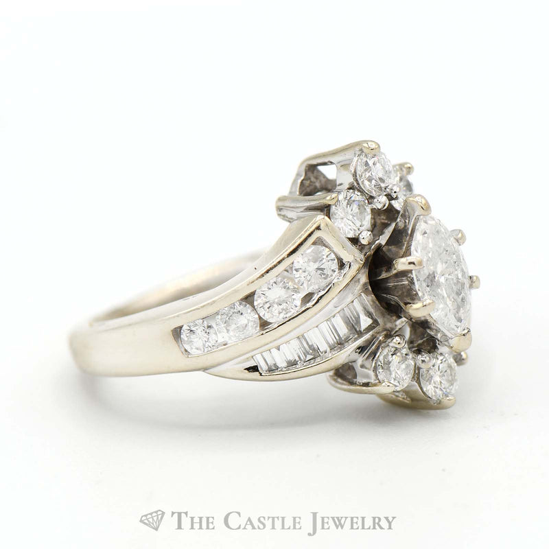 1.5cttw Marquise Diamond Engagement Ring with Round and Baguette Diamond Accents in 14k White Gold