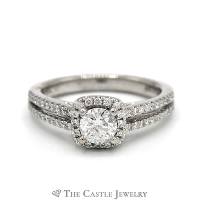 1cttw Round Diamond Engagement Ring with Diamond Halo and Accents in 14k White Gold Split Shank Setting