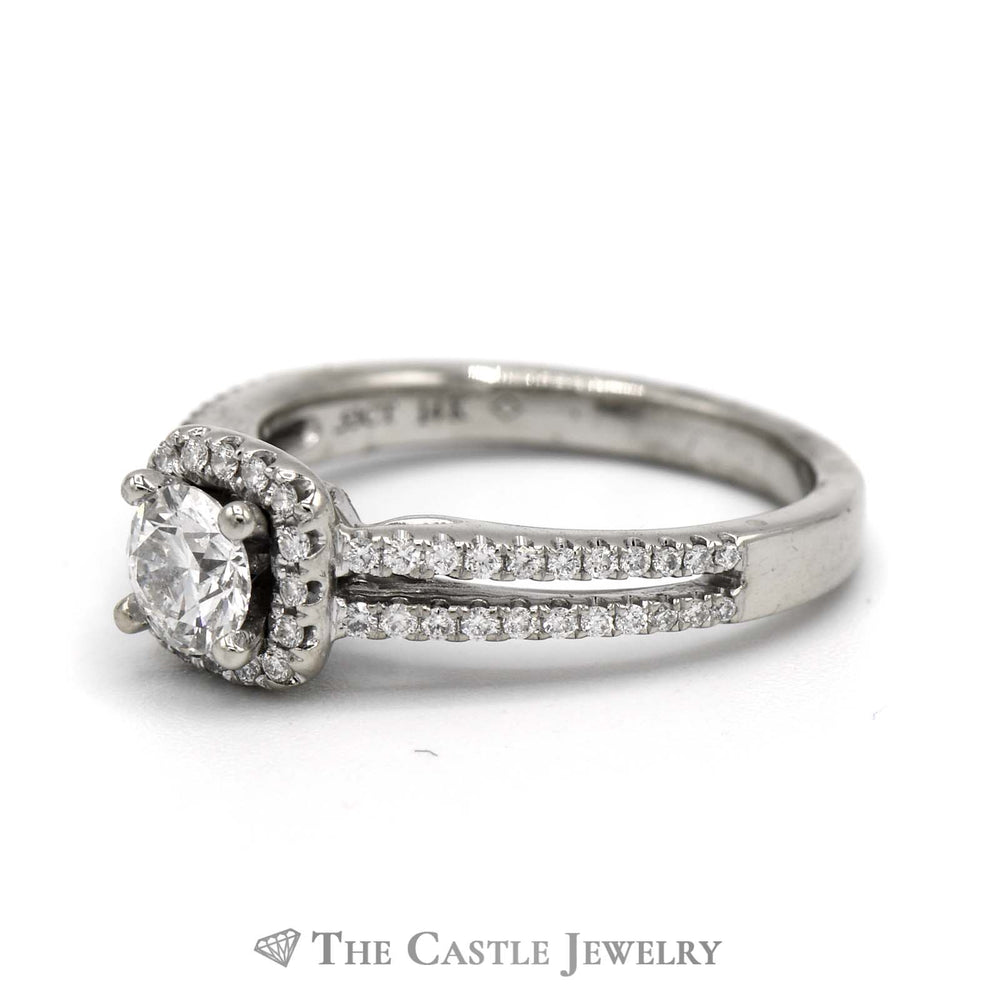 1cttw Round Diamond Engagement Ring with Diamond Halo and Accents in 14k White Gold Split Shank Setting