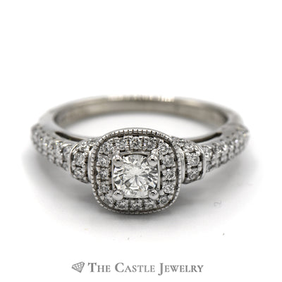 Vera Wang "Wish" Round Diamond Engagement Ring with Diamond Halo and Accents in 14k White Gold