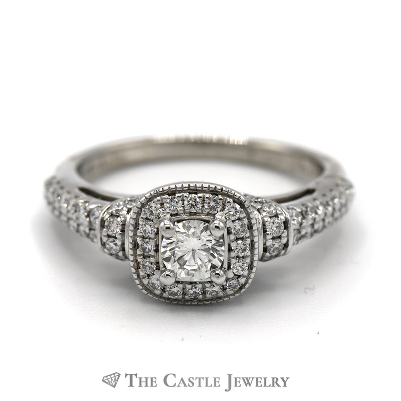 Vera Wang "Wish" Round Diamond Engagement Ring with Diamond Halo and Accents in 14k White Gold