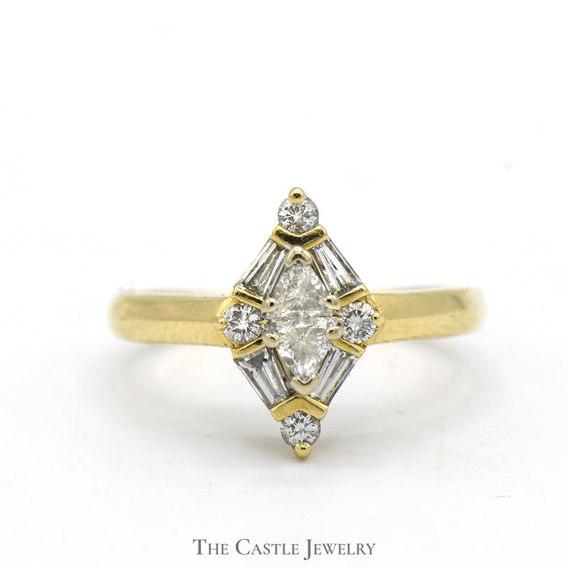3/4cttw Trillion, Baguette and Round Diamond Cluster Ring in 14k Yellow Gold