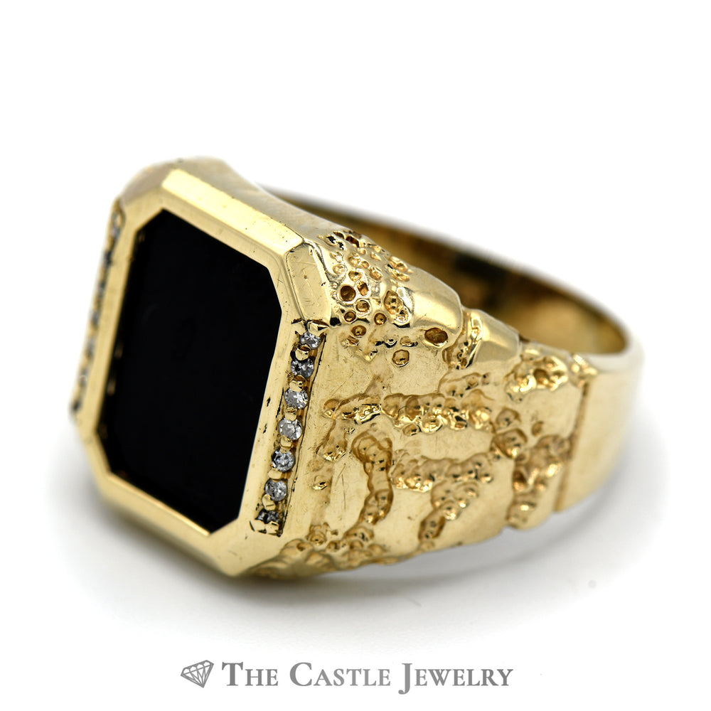 Emerald Cut Black Onyx Ring with Diamond Accents in 10k Yellow Gold Nugget Mounting