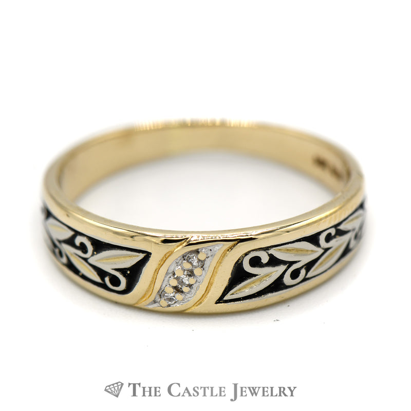 Illusion Set Diamond Band with Leaf Designed Black Enamel Detail in 14k Yellow Gold